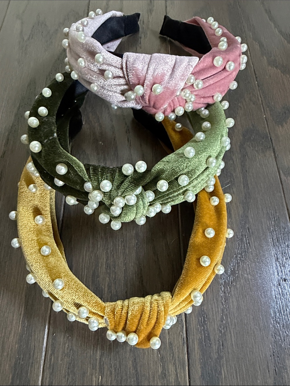 Velvet Pearl-Knot Headbands - Pink, Olive, Mustard